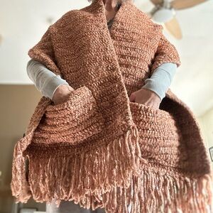 Hand Crafted  crocheted Orange knit wrap Sweater shawl with pockets